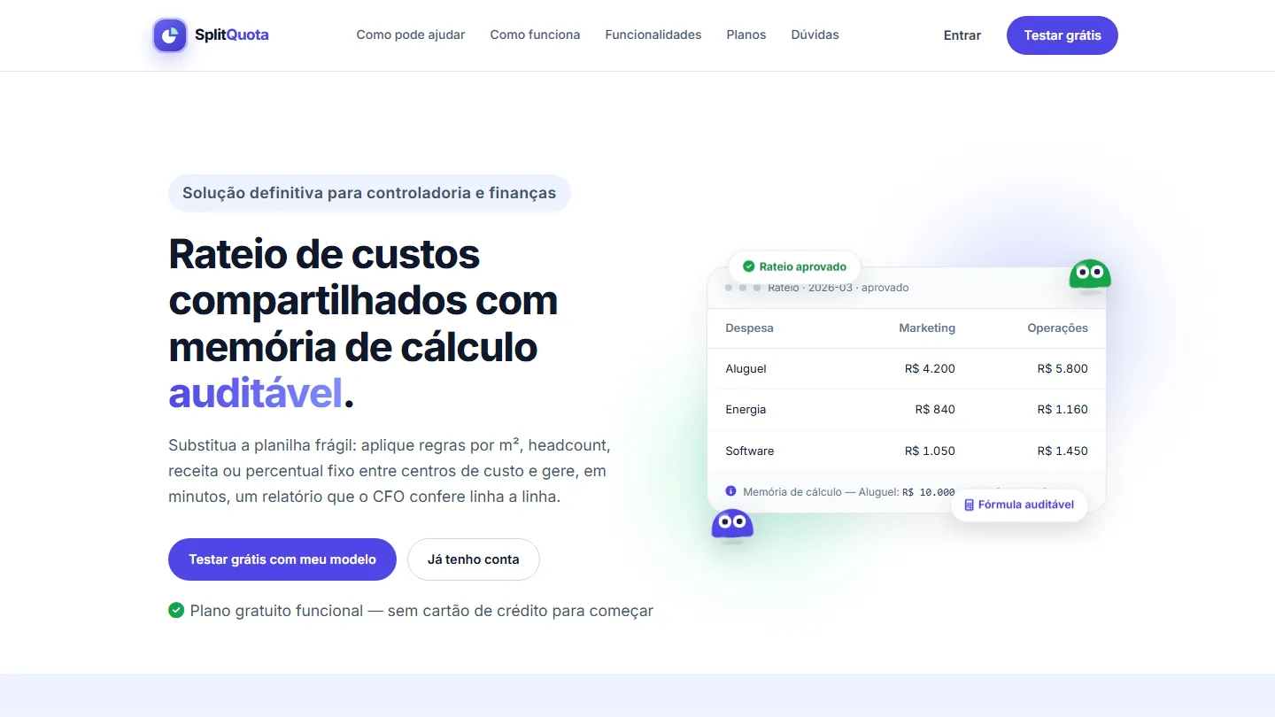 Topo do site do SplitQuota com o título, botões de teste grátis e uma tabela de rateio de exemplo.